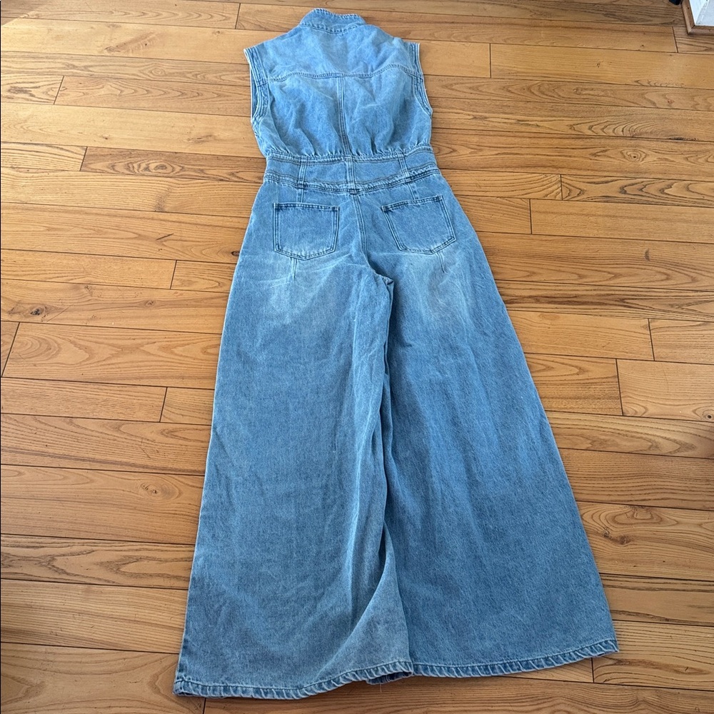 Vervet denim button down sleeveless ultra wide leg jumpsuit (flaw) large - Picture 10 of 11